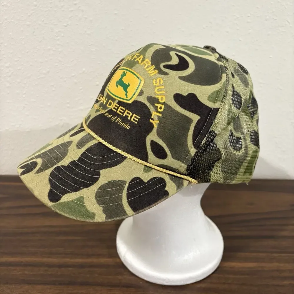 Vintage John‎ Deere Camo Hat Cap with Deer Logo Rope Southern Farm Supply Mesh